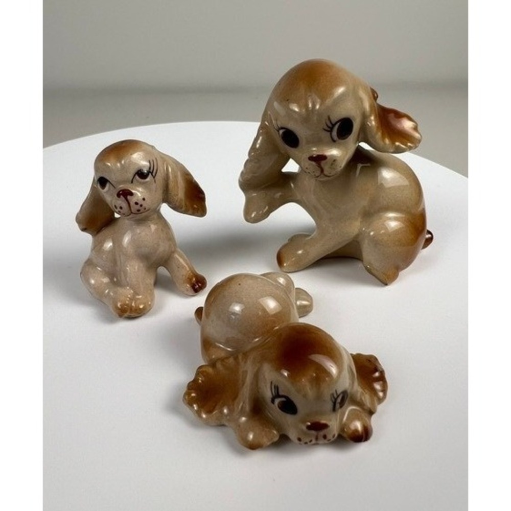 Vintage Ceramic Spaniel Puppy Dog Miniature Figurine Set of 3 Glossy Japan